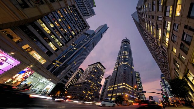Twilight cityscape revealing urban vibrancy, high rise towers glimmering, streets flowing with vehicle lights capturing metropolitan dynamism and architectural magnificence