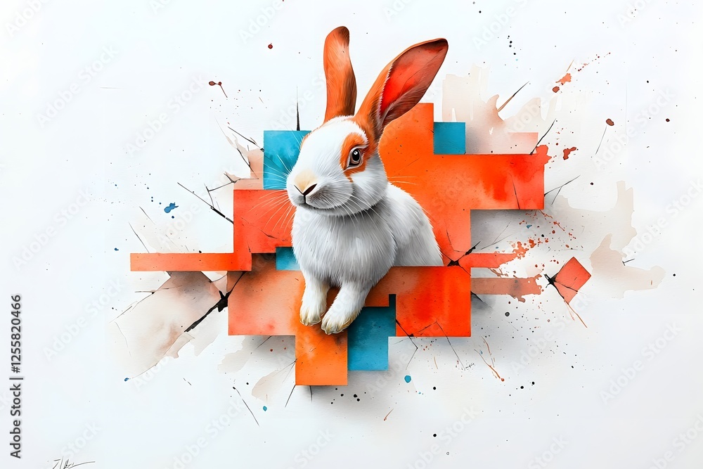 Poster captivating watercolor painting of a rabbit with dynamic brushwork fragmented cubist geometry and di