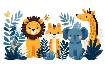 Naklejka premium Cute Cartoon Animals in a Lush Jungle Setting