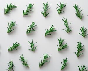 Fototapeta premium Flat lay of fresh rosemary sprigs arranged on white background. (1)