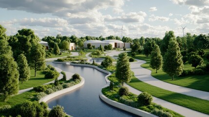 Serene Landscape with Meandering Waterway and Lush Greenery in Sunny Daylight