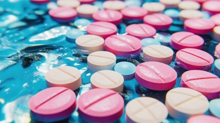 A surreal underwater moment of scattered pills, their surfaces glistening as light dances across them.