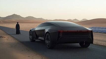 Naklejka premium Hydrogen SUV Journey through Desert, an eco-friendly vehicle traversing an arid landscape, solar panels harnessing energy in the backdrop, showcasing sustainable technology in harmony with nature
