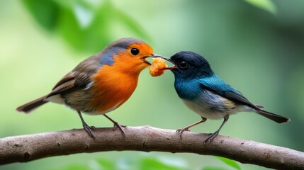 Fototapeta premium Colorful Birds Sharing Food on a Branch in a Natural Green Environment