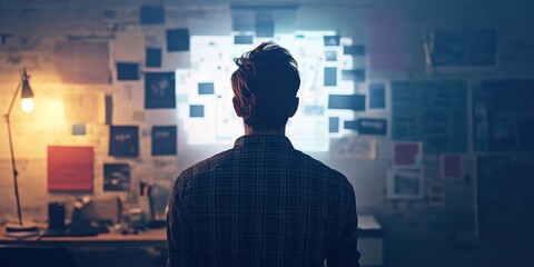 A startup founder analyzing customer journey touchpoints, mapping how users interact with ads and products, high-tech marketing lab, deep focus mode, early morning