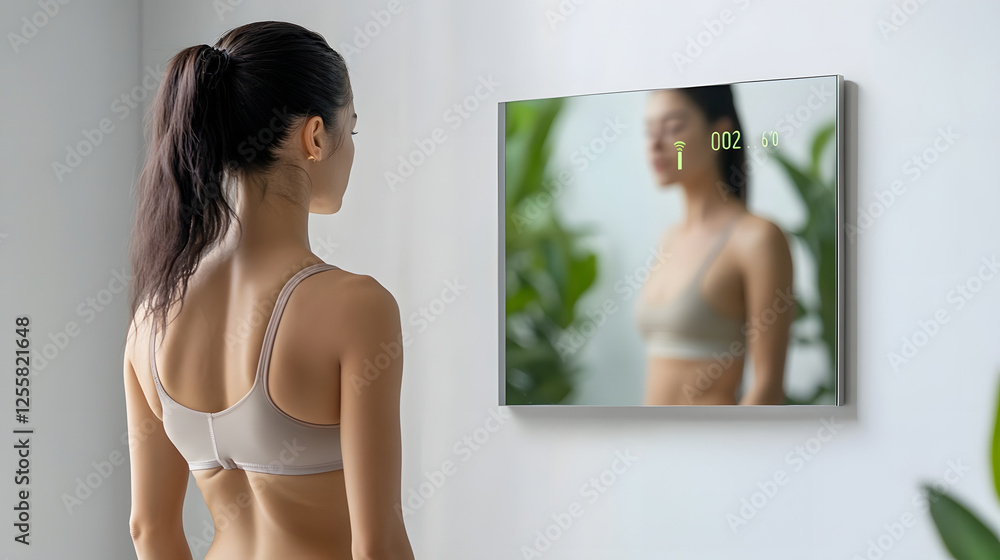 Poster smart mirror syncing with wearable device displaying live fitness metrics