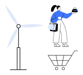 Woman holding shopping bags and a gift with a wind turbine and a shopping cart, highlighting themes of sustainable shopping, renewable energy, and conscious consumerism. Ideal for online shopping