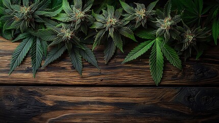 Naklejka premium Marijuana buds and leaves on wooden surface. Copy space, add text. Ai Generative