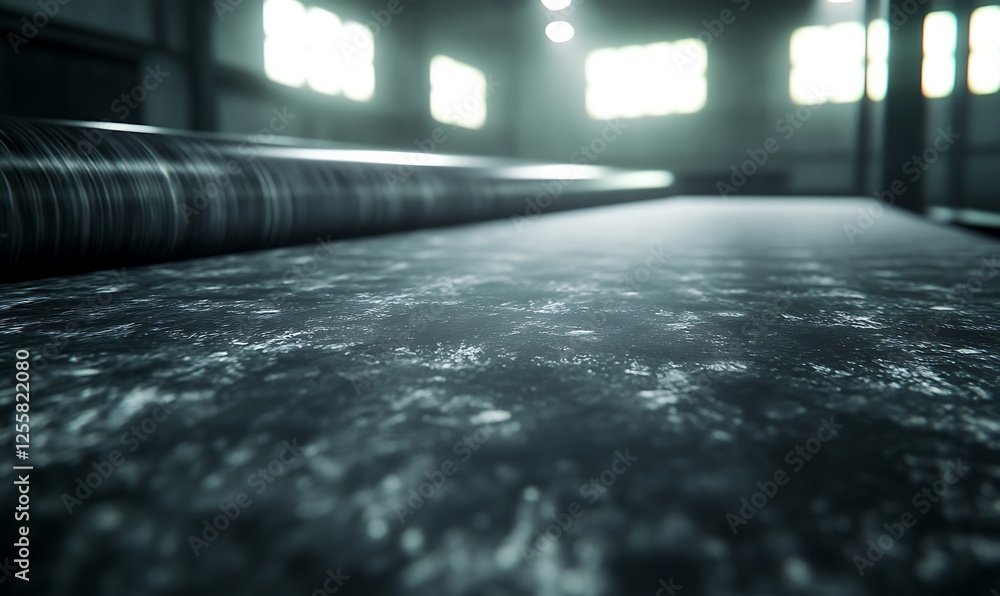 Fototapete a dimly lit industrial space features a textured surface, with rolls of material in the foreground a
