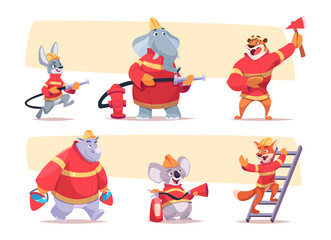 Animals firefighters. Rescue funny characters in action poses exact vector firefighters in zoo