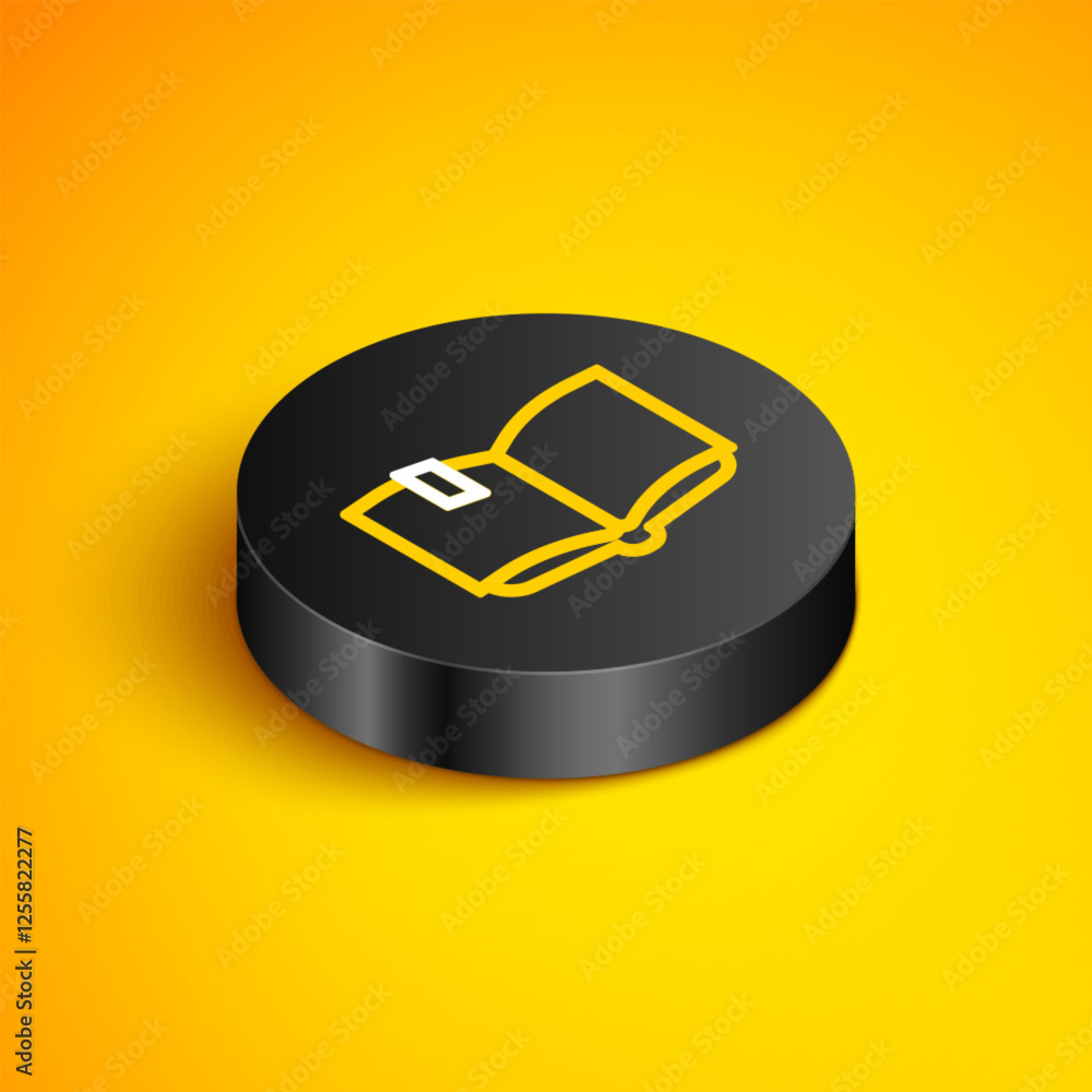 Poster isometric line open book icon isolated on yellow background. black circle button. vector