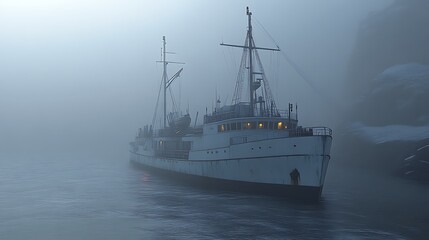 Fototapeta premium Old Vessel Sailing Through Dense Foggy Waters