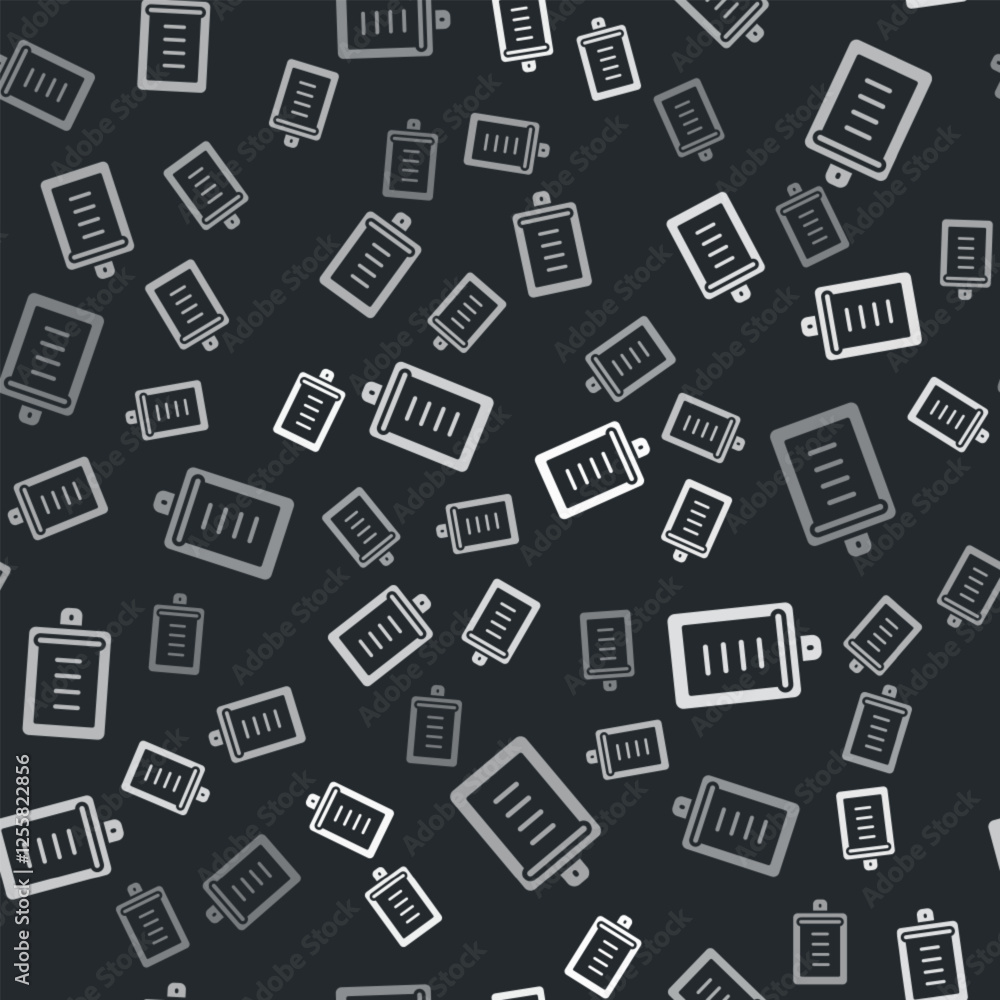 Poster grey clipboard with checklist icon isolated seamless pattern on black background. control list symbo