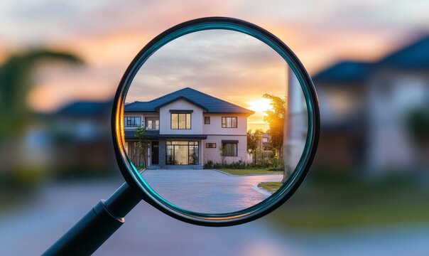 Suburban house viewed through magnifying glass at sunset, ideal for real estate search concepts