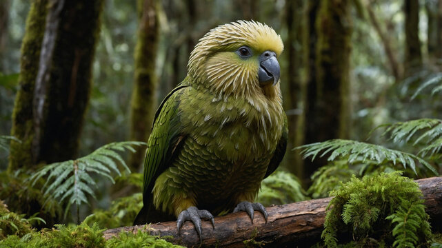 Kakapo Strigops Habroptilus: Rare New Zealand Parrot Portrait in Lush Forest Environment, Conservation Photography Focus on Endangered Species and Unique Birdlife