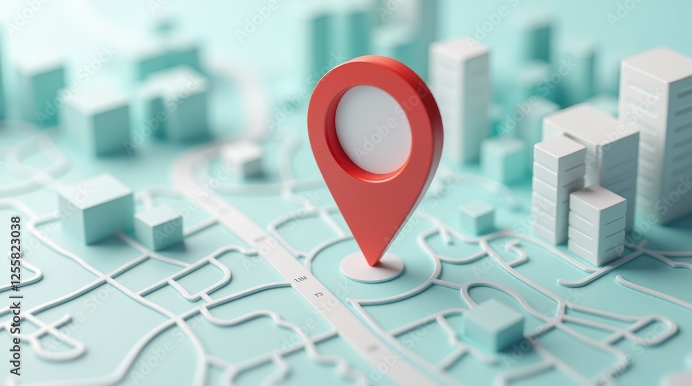 Poster exploring geolocation: a modern representation of a map with a location pin in a digital cityscape