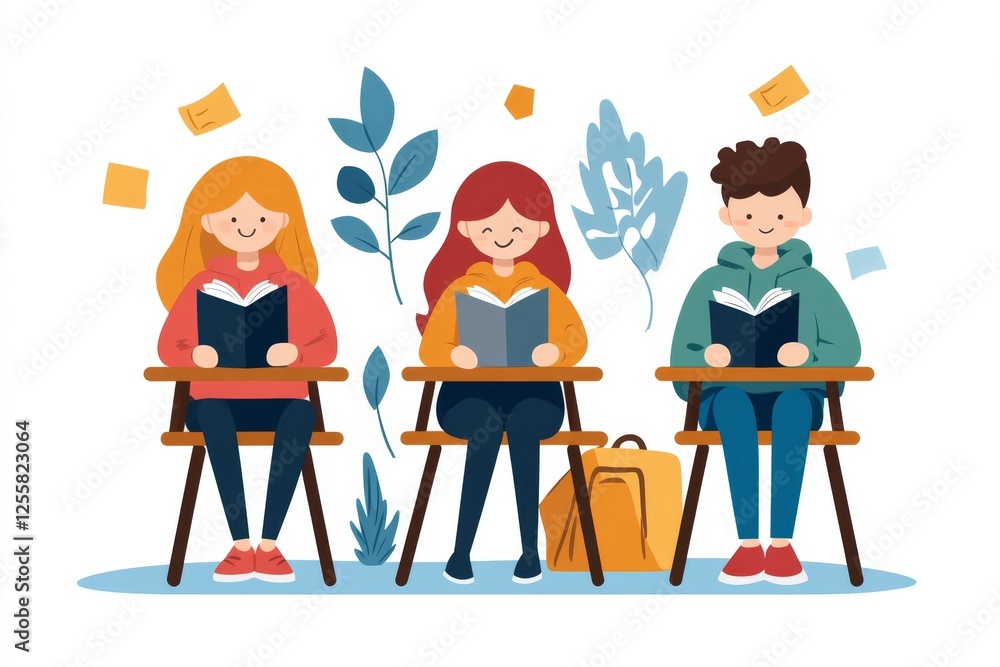 Poster a simple vector illustration of a staff training session with employees sitting at desks and taking 