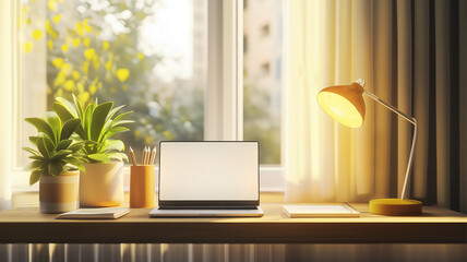 Beautiful Cozy Clean Home Office With Natural Soft Light And Laptop Screen - Modern Workspace Design. Ai Generated
