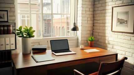 Beautiful Cozy Clean Home Office With Natural Soft Light And Laptop Screen - Modern Workspace Design. Ai Generated
