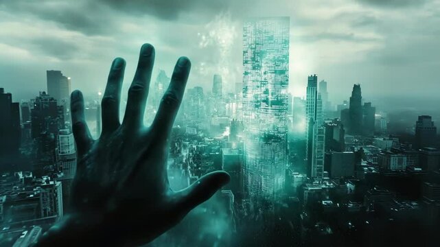 Hand reaches out towards a futuristic cityscape materializing from digital code, symbolizing the merging of physical and virtual realms in a technological future
