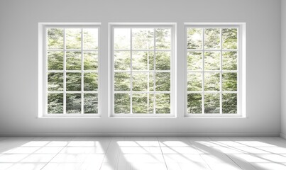 Fototapeta premium Sunlit white room with three windows overlooking lush green trees
