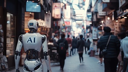 AI Robot Navigates City Streets, Observing Crowds, Exploring Urban Environments, Futuristic Technology, Advanced Robotics