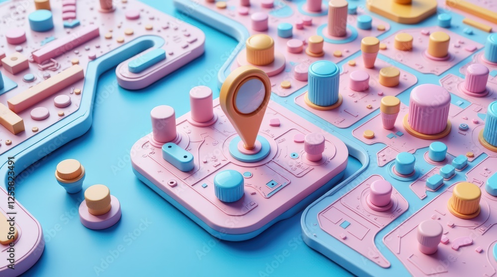 Poster a colorful and playful abstract representation of a digital map with geometric shapes and icons
