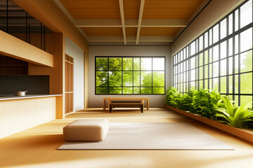 Large Empty Living Room With Kitchen And Glass Walls, Greenery And Natural Light. Ai Generated
