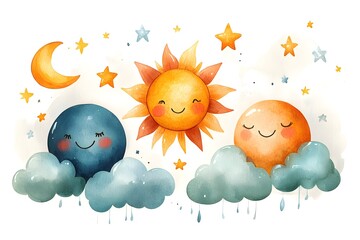Cute Watercolor Celestial Illustration of Sun, Moon, and Stars
