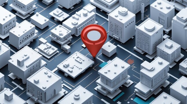 3D Geometric Cityscape with Red Location Pin Highlighting a Specific Area in Urban Layout