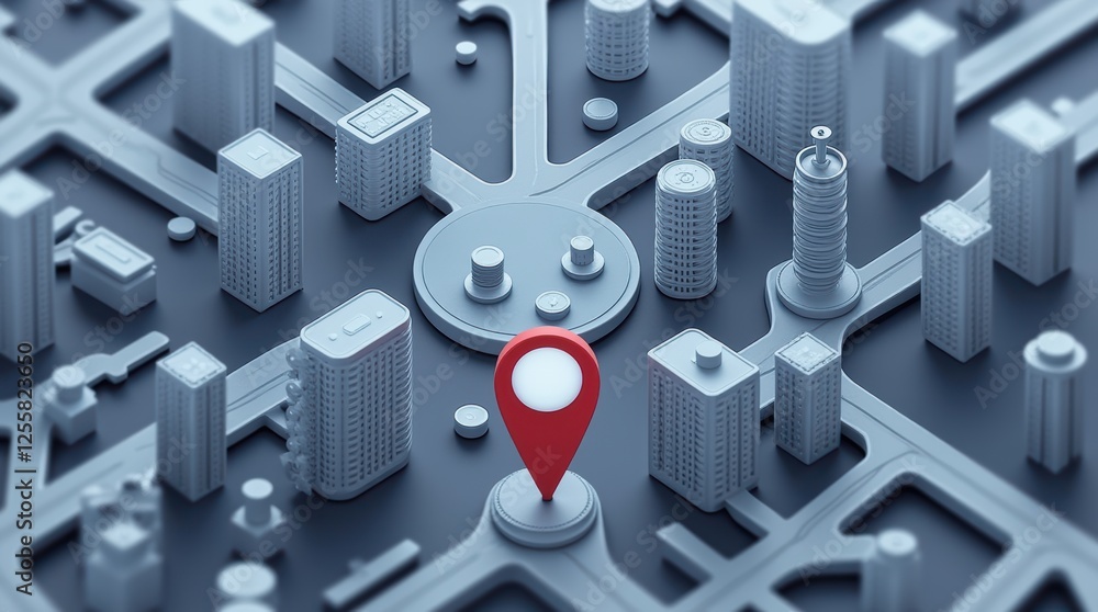 Poster 3d city map with location pin highlighting urban development and navigation systems
