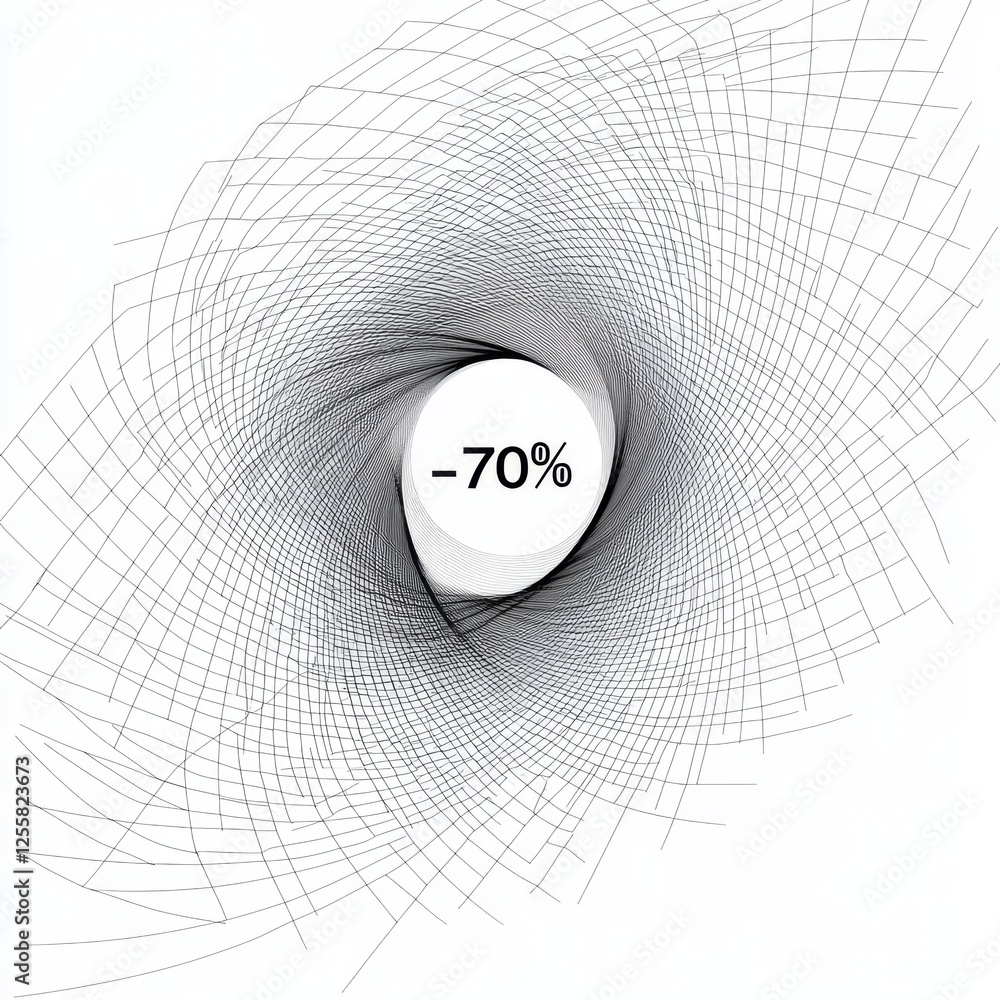 Poster a minimalistic black and white abstract swirl pattern emphasizing a 70 discount in the center, creat