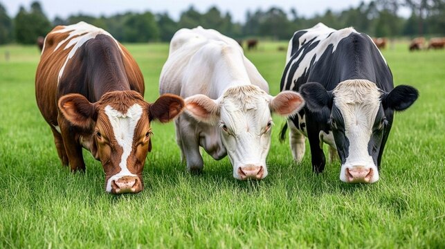 Three cows grazing in a lush green field under a blue sky.