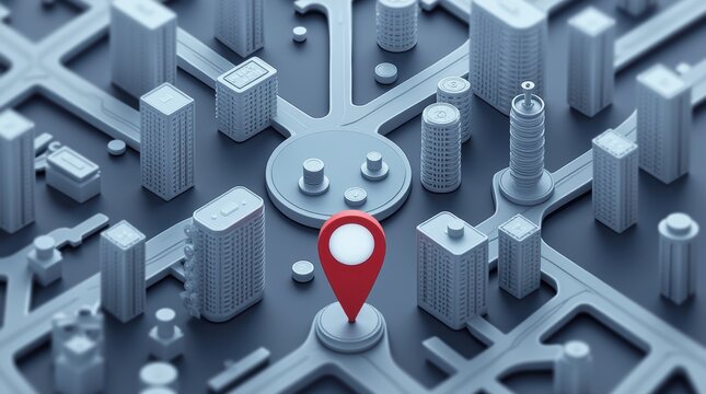3D City Map with Location Pin Highlighting Urban Development and Navigation Systems