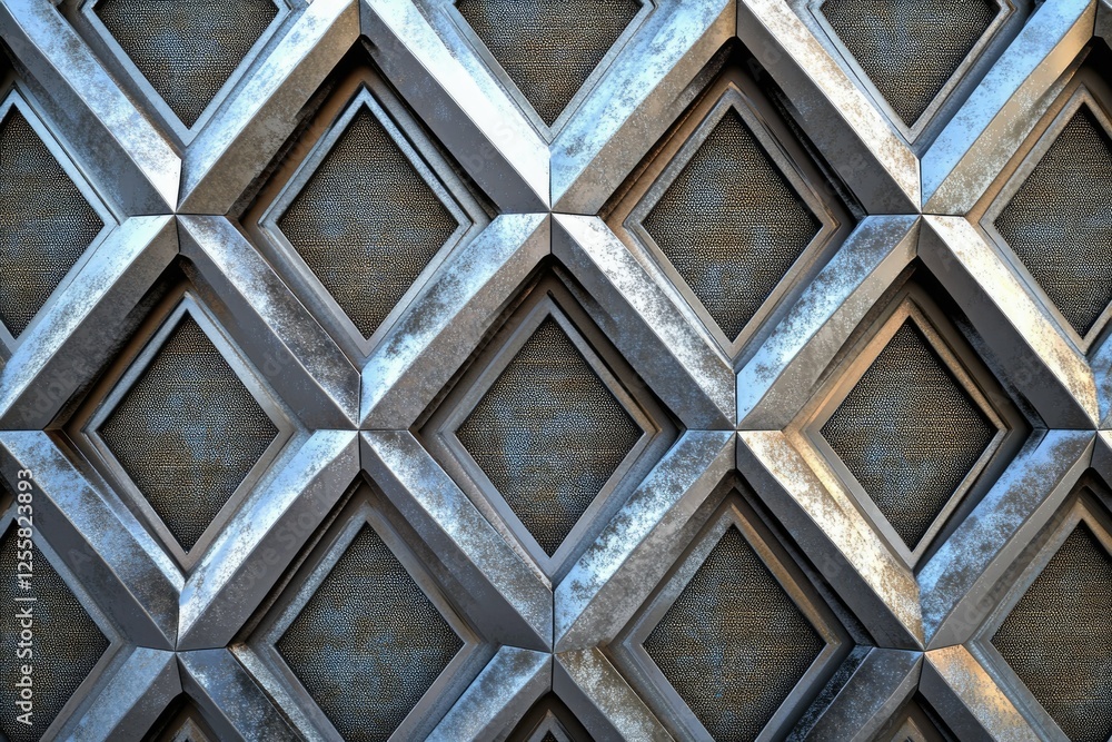 Poster geometric metal pattern with diamond shapes and a textured background.