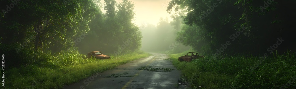 Poster a serene, foggy road surrounded by lush greenery, creating a mysterious and tranquil atmosphere.