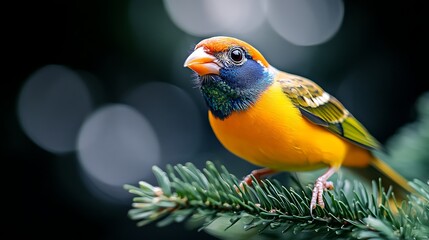 Fototapeta premium Vibrant orange and blue bird perched on a green branch against a blurred background