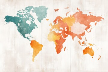 A soft watercolor painting of an old-style world map with faded colors and intricate details