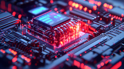 Obraz premium A close-up view of a glowing microchip on a circuit board, showcasing intricate electronic components and vibrant red lights.