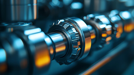 Fototapeta premium A close-up view of metallic gears and cogs, showcasing precision engineering with blue and orange lighting effects.