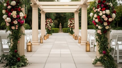 Elegant wedding ceremony setup with floral arrangements and decorative lanterns
