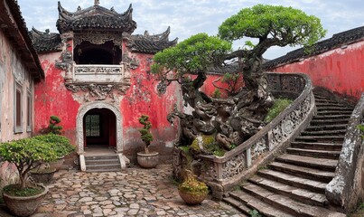 Fototapeta premium Traditional Chinese courtyard with ornate staircase, bonsai tree, and red building