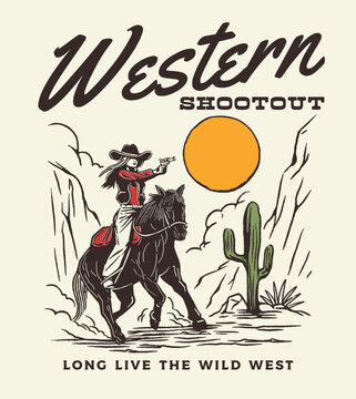 A high-energy western illustration depicting a cowboy in a dramatic shootout scene, set against a rustic desert landscape. Perfect for western-themed branding and storytelling.