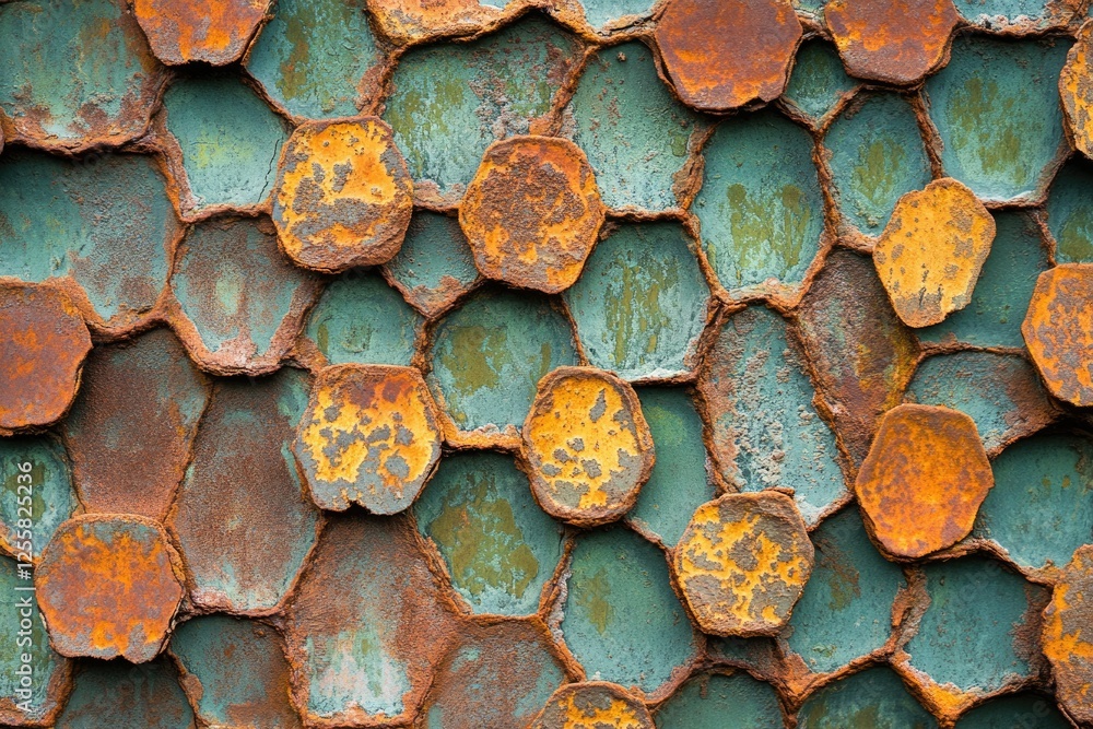 Fototapete rusty metallic hexagonal pattern, weathered and aged, showing textures of orange and teal.