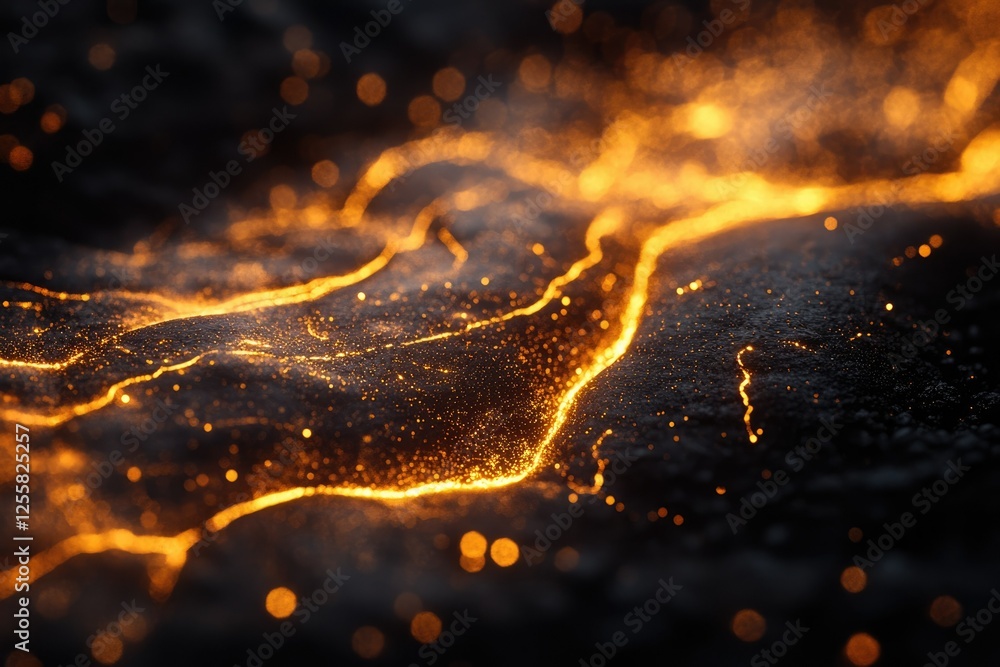 Poster Glowing golden lava flows across a dark, textured surface, creating a mesmerizing and fiery spectacle.