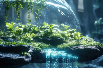 Enchanted miniature rainforest under a glass dome, showcasing vibrant greenery and a glowing waterfall.