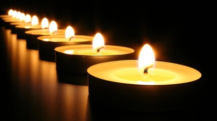 Row of Illuminated Tea Candles in Dark Environment Creating a Tranquil and Serene Atmosphere