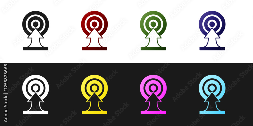 Poster set target with arrow icon isolated on black and white background. dart board sign. archery board ic
