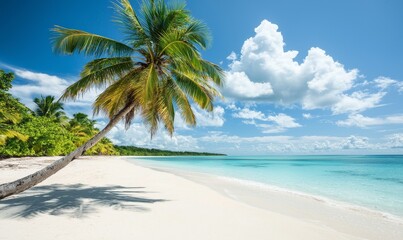 Tropical beach with leaning palm tree, white sand, turquoise water, and blue sky