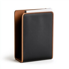 Stylish black notebook with brown accents on a white isolate background.